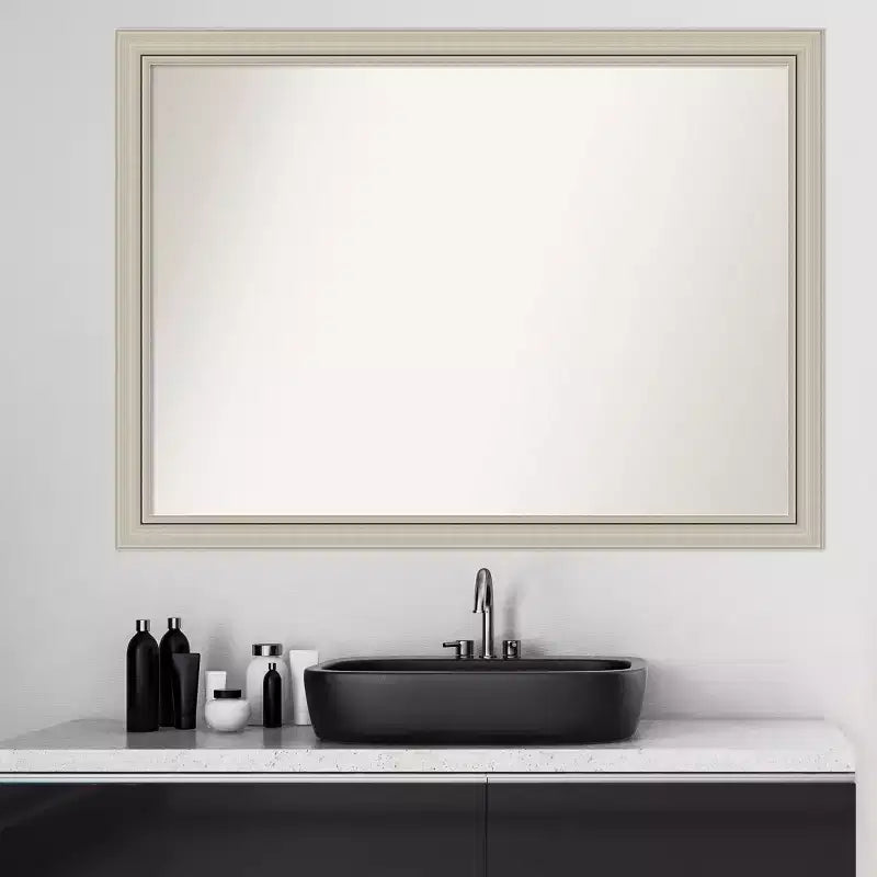 42" x 31" Non-Beveled Romano Silver Narrow Wood Bathroom Wall Mirror - Amanti Art: Modern Rectangular, Includes Mount Hardware