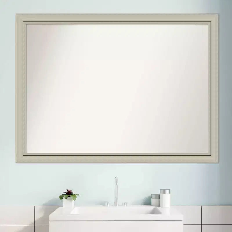 42" x 31" Non-Beveled Romano Silver Narrow Wood Bathroom Wall Mirror - Amanti Art: Modern Rectangular, Includes Mount Hardware