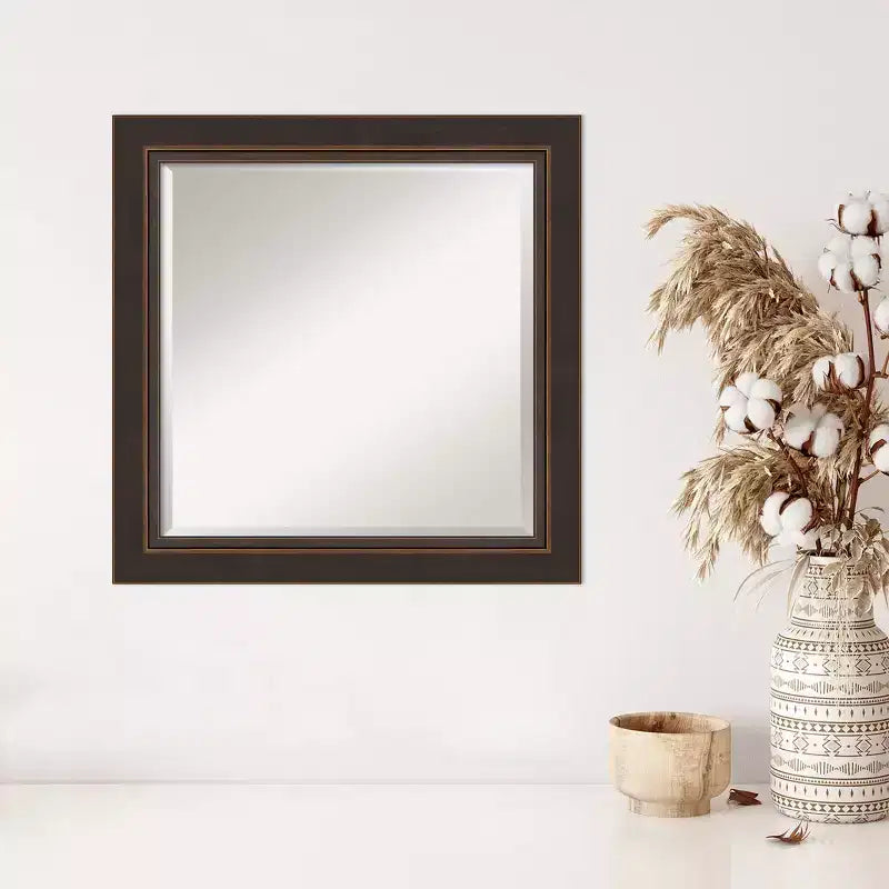 25" x 25" Beveled Lara Bronze Wood Wall Mirror - Amanti Art: Modern Square Design, No Assembly, Includes Mount Hardware