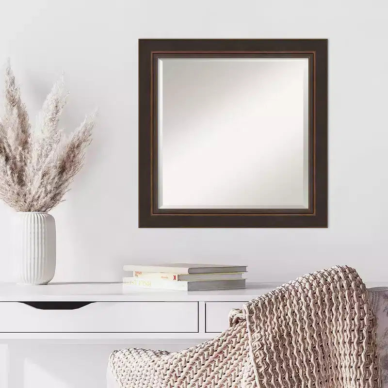 25" x 25" Beveled Lara Bronze Wood Wall Mirror - Amanti Art: Modern Square Design, No Assembly, Includes Mount Hardware