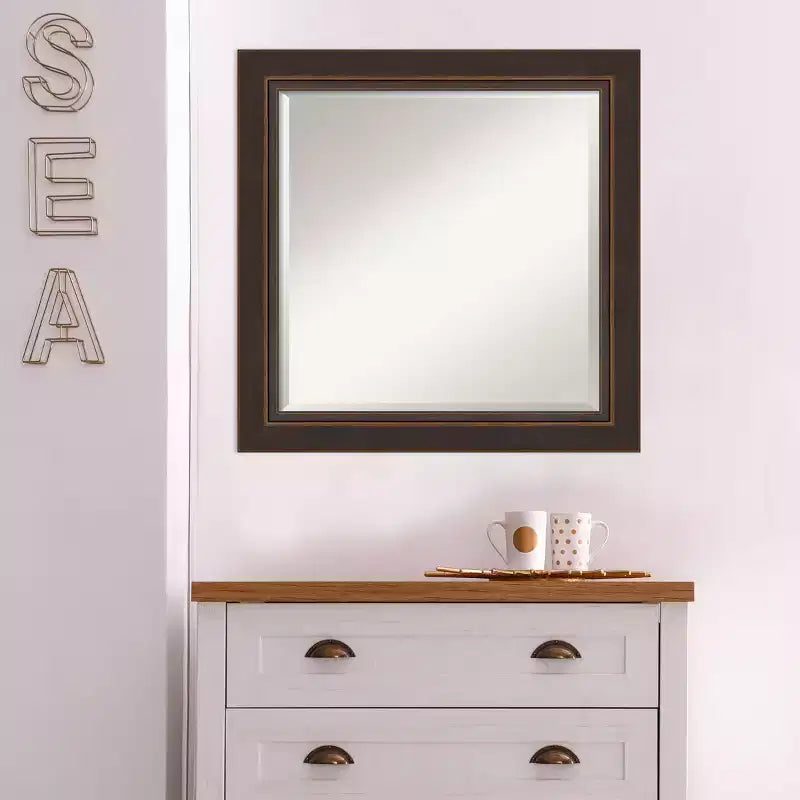 25" x 25" Beveled Lara Bronze Wood Wall Mirror - Amanti Art: Modern Square Design, No Assembly, Includes Mount Hardware