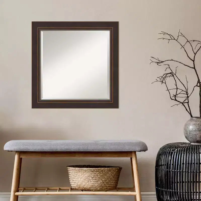 25" x 25" Beveled Lara Bronze Wood Wall Mirror - Amanti Art: Modern Square Design, No Assembly, Includes Mount Hardware
