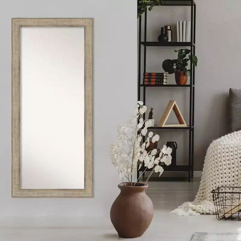 30" x 66" Non-Beveled Trellis Silver Wood Full Length Floor Leaner Mirror - Amanti Art