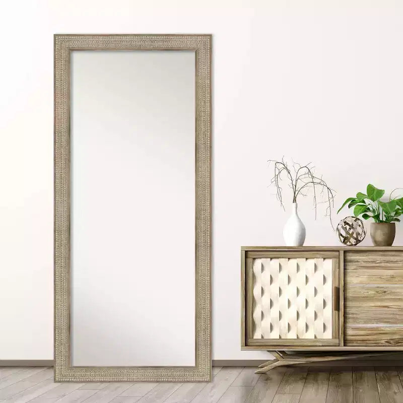 30" x 66" Non-Beveled Trellis Silver Wood Full Length Floor Leaner Mirror - Amanti Art