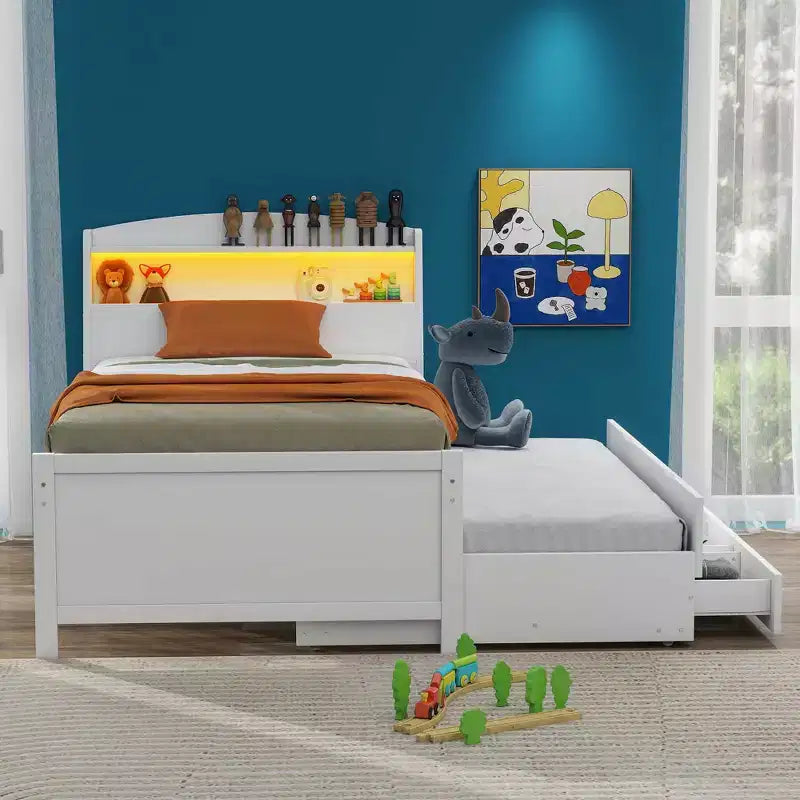 Lit plateforme avec rangements, tête de lit LED, lit gigogne simple et 3 tiroirs, blanc