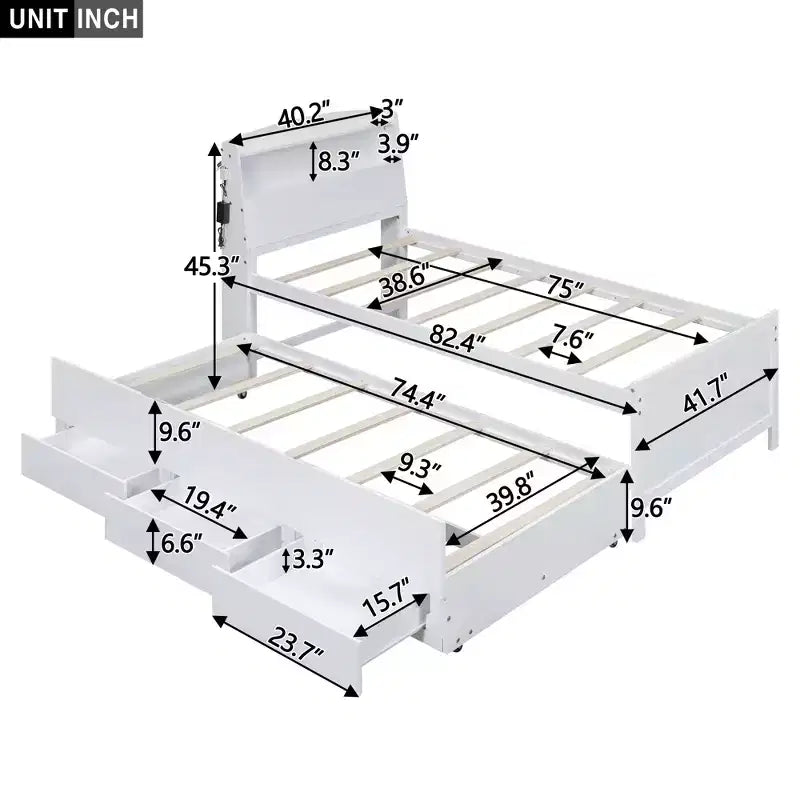 Lit plateforme avec rangements, tête de lit LED, lit gigogne simple et 3 tiroirs, blanc