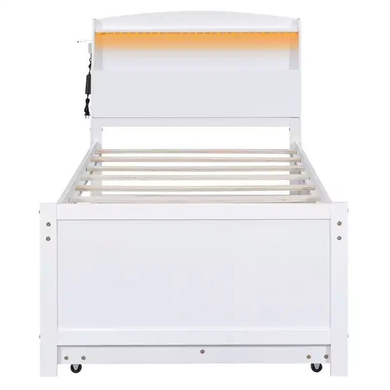 Lit plateforme avec rangements, tête de lit LED, lit gigogne simple et 3 tiroirs, blanc