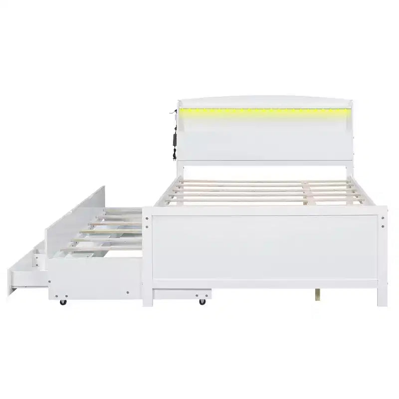 Lit plateforme avec rangements, tête de lit LED, lit gigogne simple et 3 tiroirs, blanc