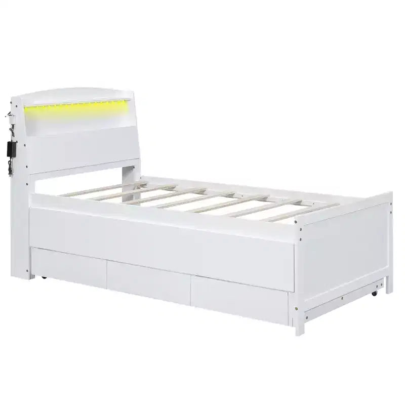 Lit plateforme avec rangements, tête de lit LED, lit gigogne simple et 3 tiroirs, blanc