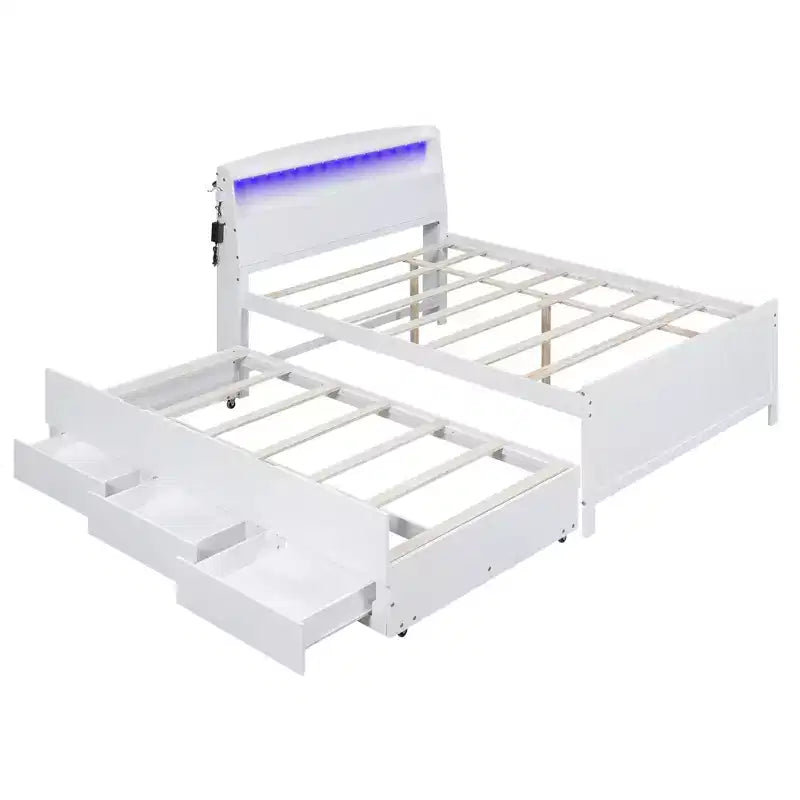 Lit plateforme avec rangements, tête de lit LED, lit gigogne simple et 3 tiroirs, blanc