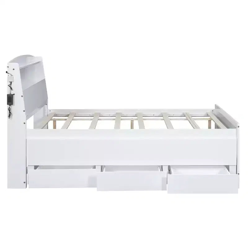 Lit plateforme avec rangements, tête de lit LED, lit gigogne simple et 3 tiroirs, blanc