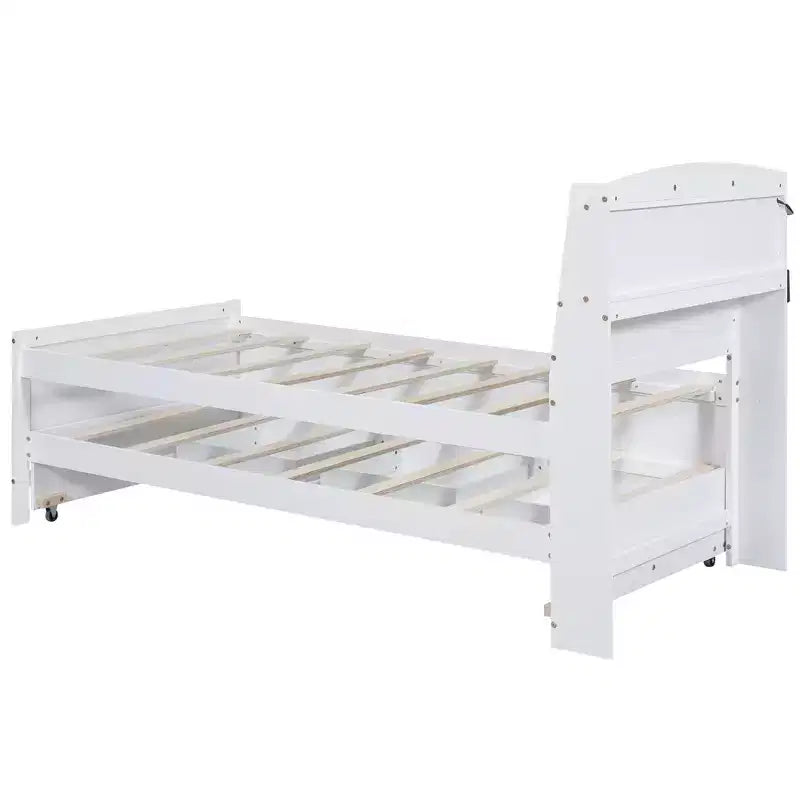 Lit plateforme avec rangements, tête de lit LED, lit gigogne simple et 3 tiroirs, blanc