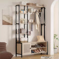 VECELO Hall Tree with Bench and Shoe Storage, 5-in-1 Entryway Coat Rack with 9 Hooks, 2-Tier Storage Shelves and Rattan Doors, Beige