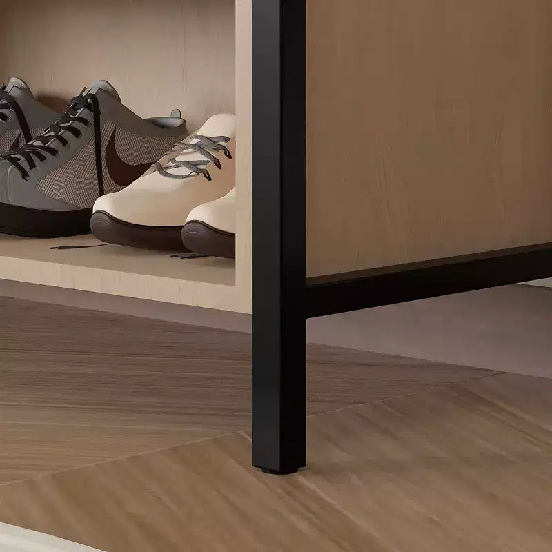 Meuble d'entrée avec banc et rangement à chaussures, portemanteau d'entrée 5-en-1 avec 9 patères, étagères de rangement à 2 niveaux et portes en rotin, beige