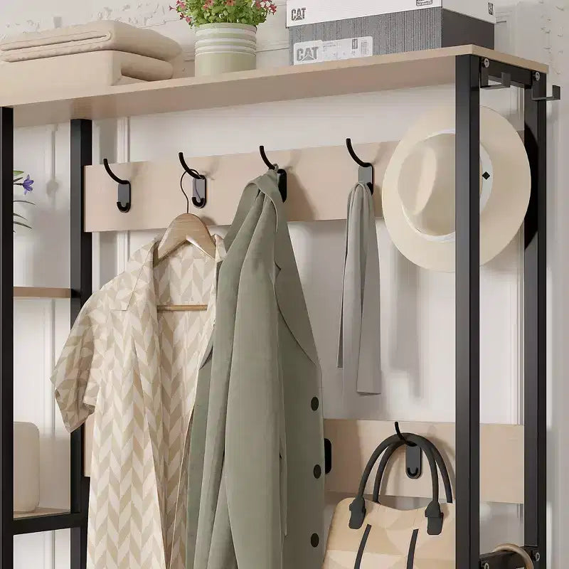 Meuble d'entrée avec banc et rangement à chaussures, portemanteau d'entrée 5-en-1 avec 9 patères, étagères de rangement à 2 niveaux et portes en rotin, beige