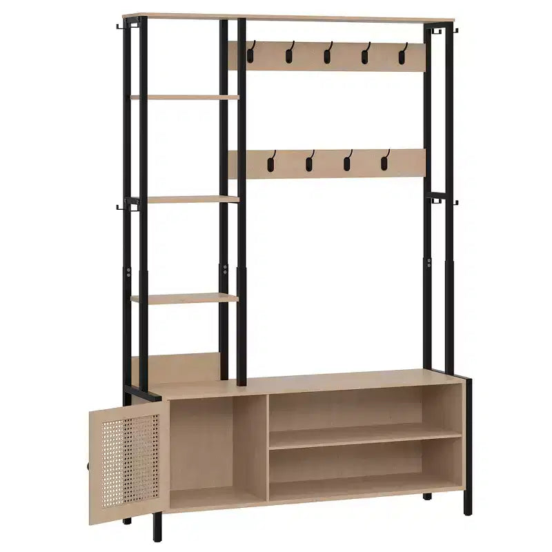 Meuble d'entrée avec banc et rangement à chaussures, portemanteau d'entrée 5-en-1 avec 9 patères, étagères de rangement à 2 niveaux et portes en rotin, beige