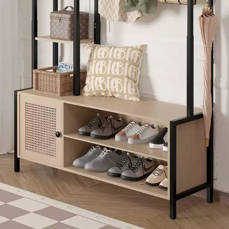 Meuble d'entrée avec banc et rangement à chaussures, portemanteau d'entrée 5-en-1 avec 9 patères, étagères de rangement à 2 niveaux et portes en rotin, beige