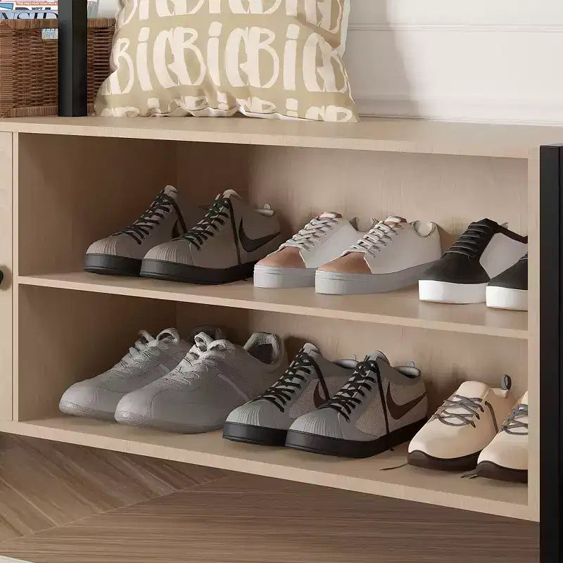 Meuble d'entrée avec banc et rangement à chaussures, portemanteau d'entrée 5-en-1 avec 9 patères, étagères de rangement à 2 niveaux et portes en rotin, beige