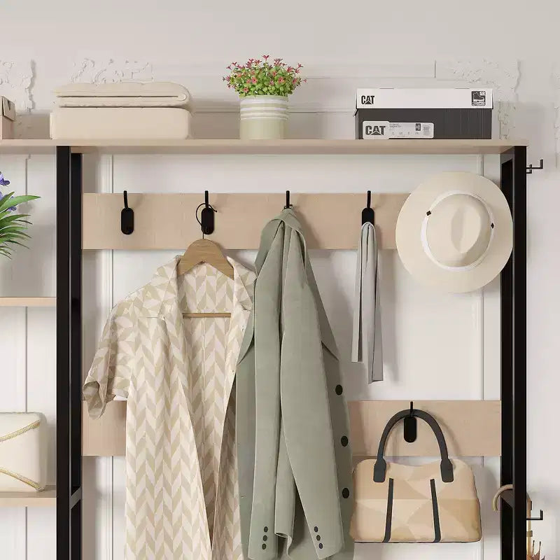 Meuble d'entrée avec banc et rangement à chaussures, portemanteau d'entrée 5-en-1 avec 9 patères, étagères de rangement à 2 niveaux et portes en rotin, beige
