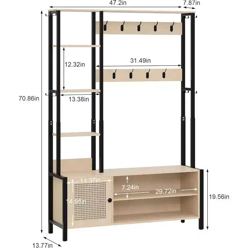 Meuble d'entrée avec banc et rangement à chaussures, portemanteau d'entrée 5-en-1 avec 9 patères, étagères de rangement à 2 niveaux et portes en rotin, beige