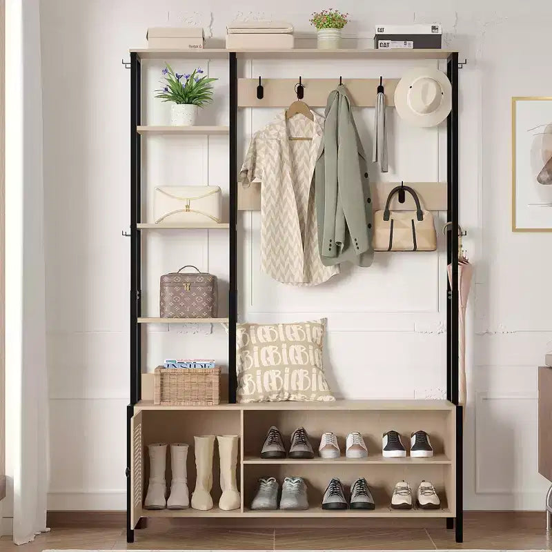Meuble d'entrée avec banc et rangement à chaussures, portemanteau d'entrée 5-en-1 avec 9 patères, étagères de rangement à 2 niveaux et portes en rotin, beige