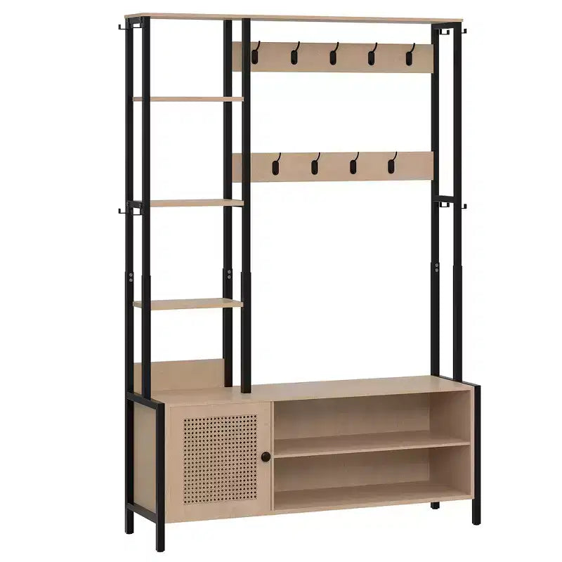 Meuble d'entrée avec banc et rangement à chaussures, portemanteau d'entrée 5-en-1 avec 9 patères, étagères de rangement à 2 niveaux et portes en rotin, beige