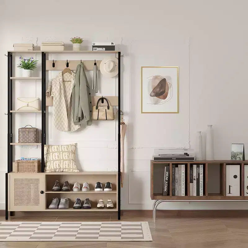 Meuble d'entrée avec banc et rangement à chaussures, portemanteau d'entrée 5-en-1 avec 9 patères, étagères de rangement à 2 niveaux et portes en rotin, beige