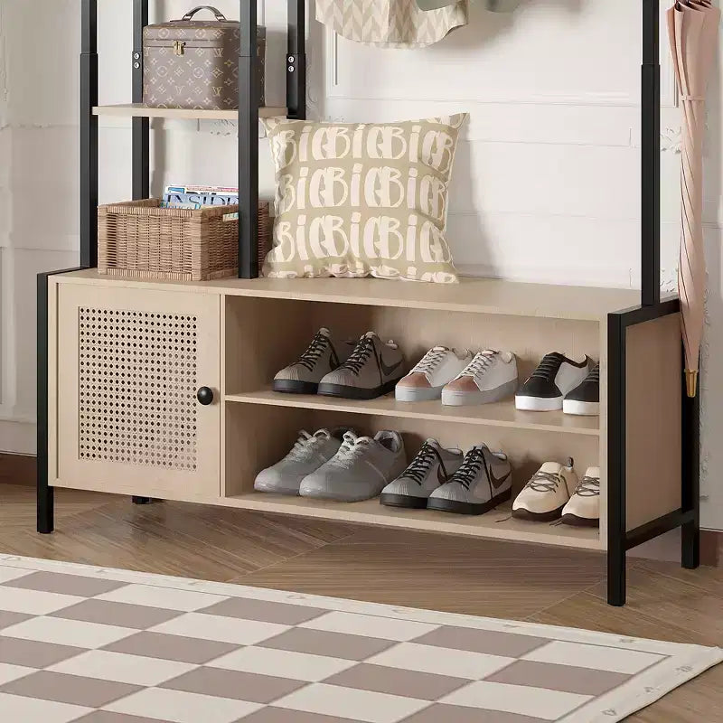 Meuble d'entrée avec banc et rangement à chaussures, portemanteau d'entrée 5-en-1 avec 9 patères, étagères de rangement à 2 niveaux et portes en rotin, beige