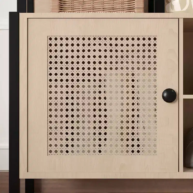 Meuble d'entrée avec banc et rangement à chaussures, portemanteau d'entrée 5-en-1 avec 9 patères, étagères de rangement à 2 niveaux et portes en rotin, beige