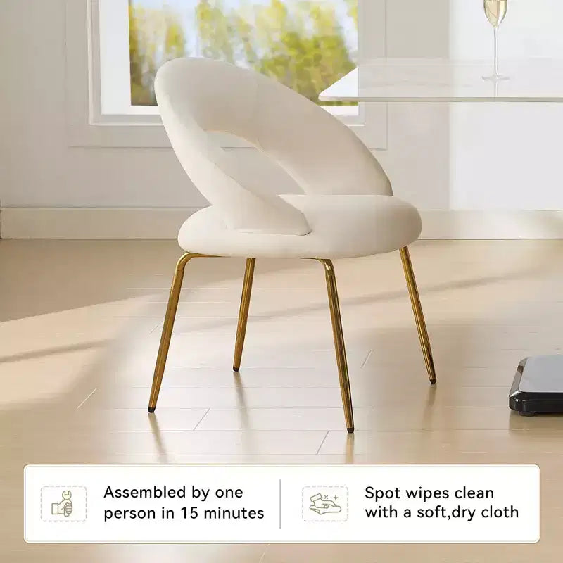 Chaises de salle à manger en velours avec dossier incurvé et pieds en métal doré pour cuisine ou salle à manger, blanc