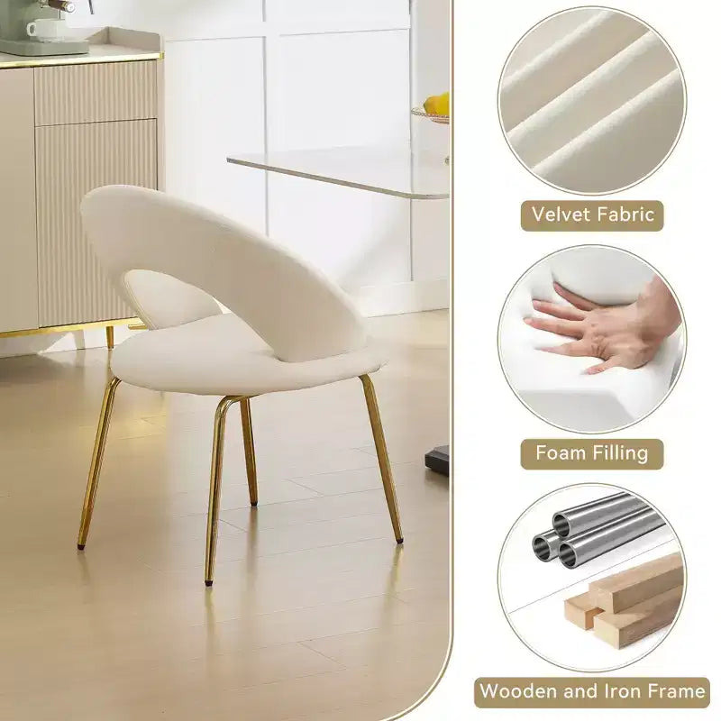Chaises de salle à manger en velours avec dossier incurvé et pieds en métal doré pour cuisine ou salle à manger, blanc