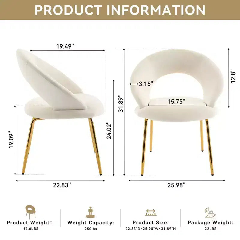 Chaises de salle à manger en velours avec dossier incurvé et pieds en métal doré pour cuisine ou salle à manger, blanc