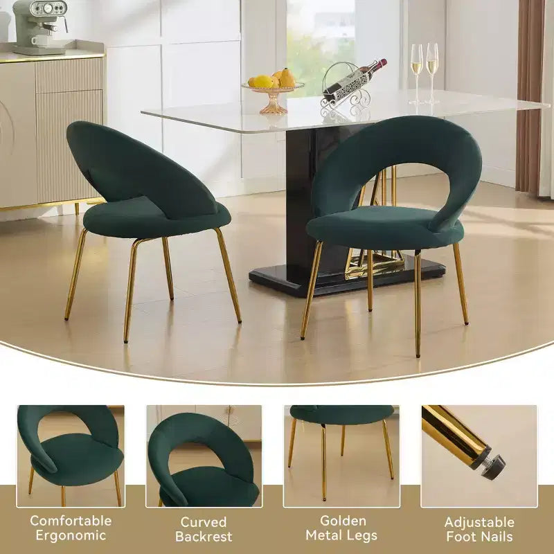 Chaises de salle à manger en velours avec dossier incurvé et pieds en métal doré pour cuisine ou salle à manger, blanc