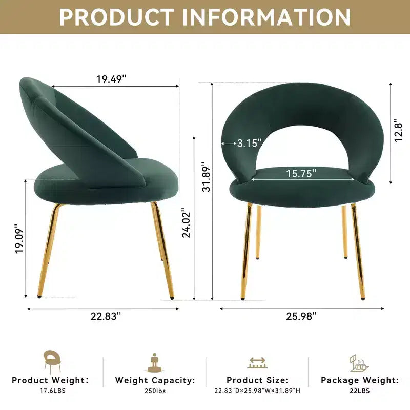 Chaises de salle à manger en velours avec dossier incurvé et pieds en métal doré pour cuisine ou salle à manger, blanc
