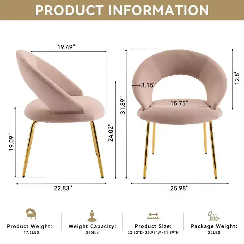 Chaises de salle à manger en velours avec dossier incurvé et pieds en métal doré pour cuisine ou salle à manger, blanc