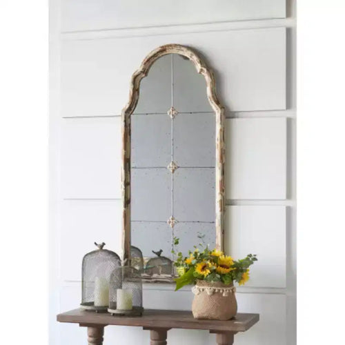 22 x 48 Large Cream & Gold Framed Wall Mirror, Wood Arched Mirror with Decorative Window Look for Living Room, Bathroom, Entryway