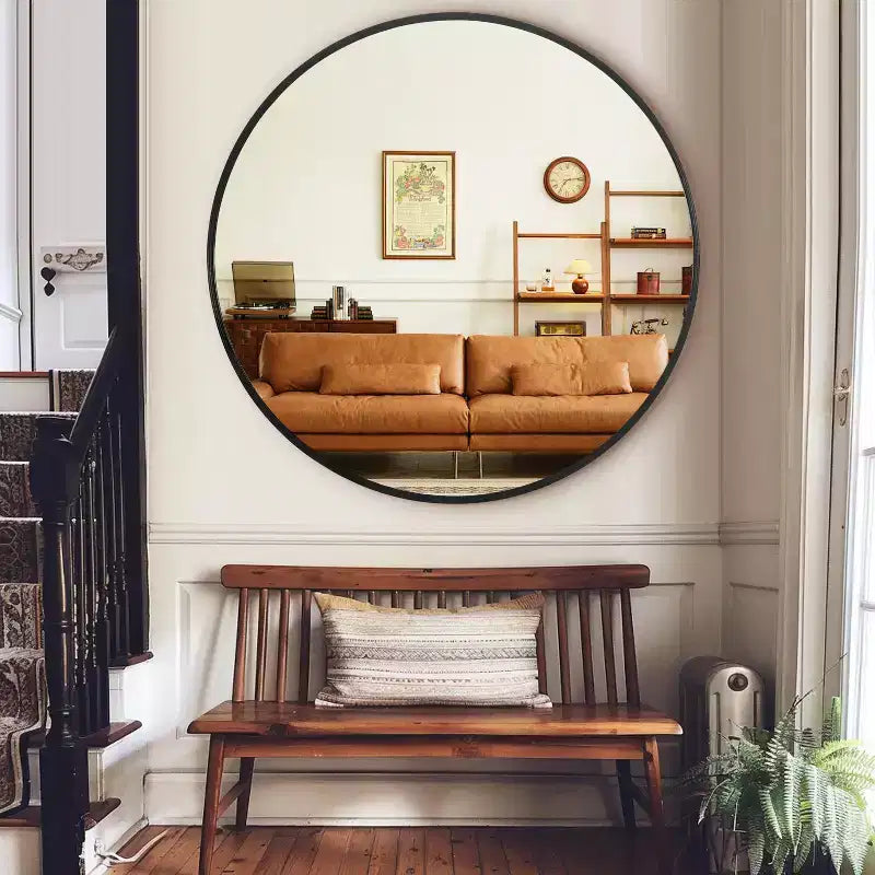 Miroir suspendu circulaire avec bord fin, alliage d'aluminium noir