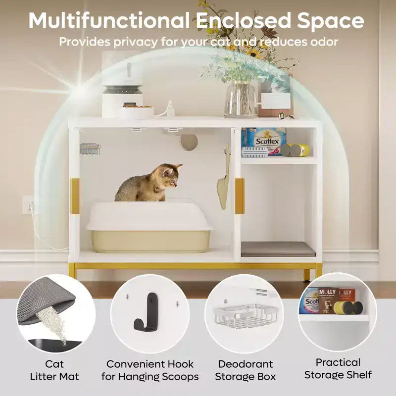 Meuble cache-litière pour chat avec station de recharge, tapis de litière et toilettes pour chat