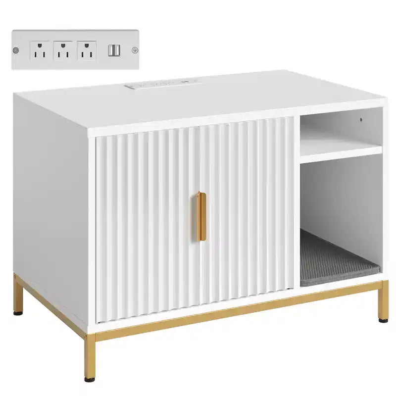 Meuble cache-litière pour chat avec station de recharge, tapis de litière et toilettes pour chat