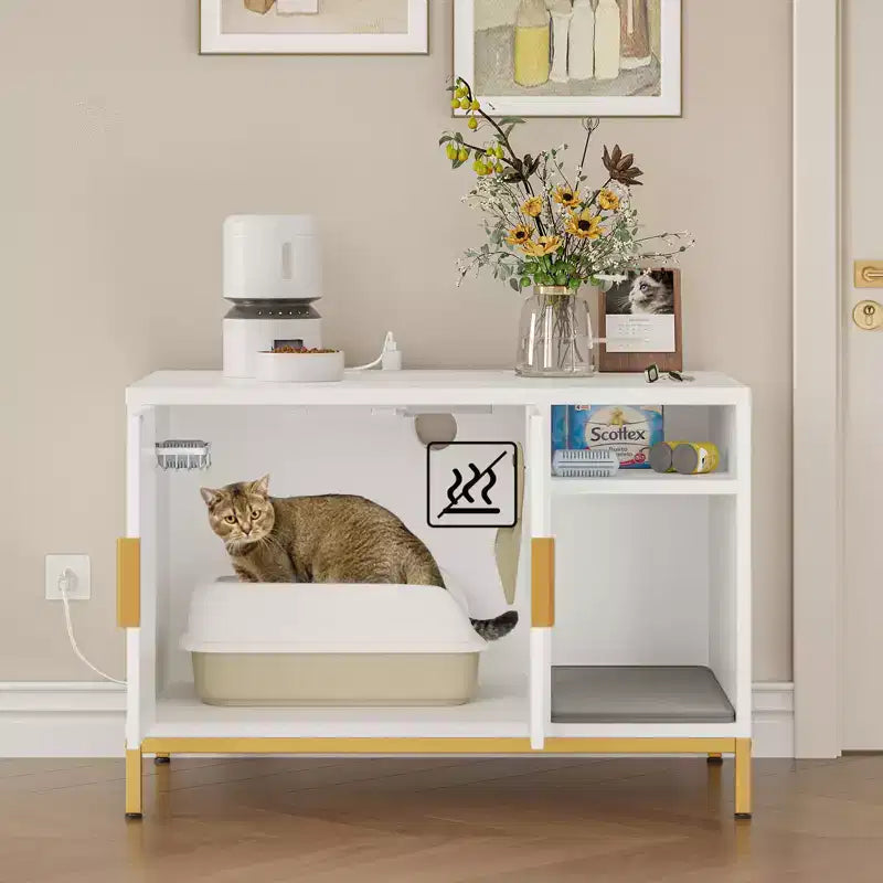 Meuble cache-litière pour chat avec station de recharge, tapis de litière et toilettes pour chat
