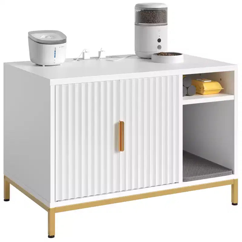 Meuble cache-litière pour chat avec station de recharge, tapis de litière et toilettes pour chat