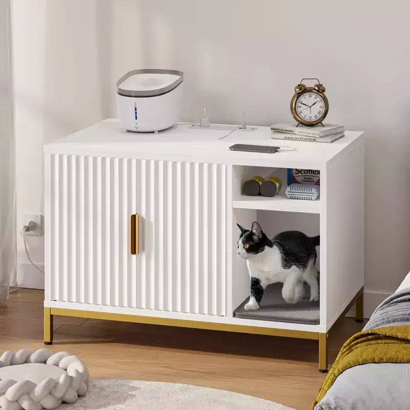 Meuble cache-litière pour chat avec station de recharge, tapis de litière et toilettes pour chat