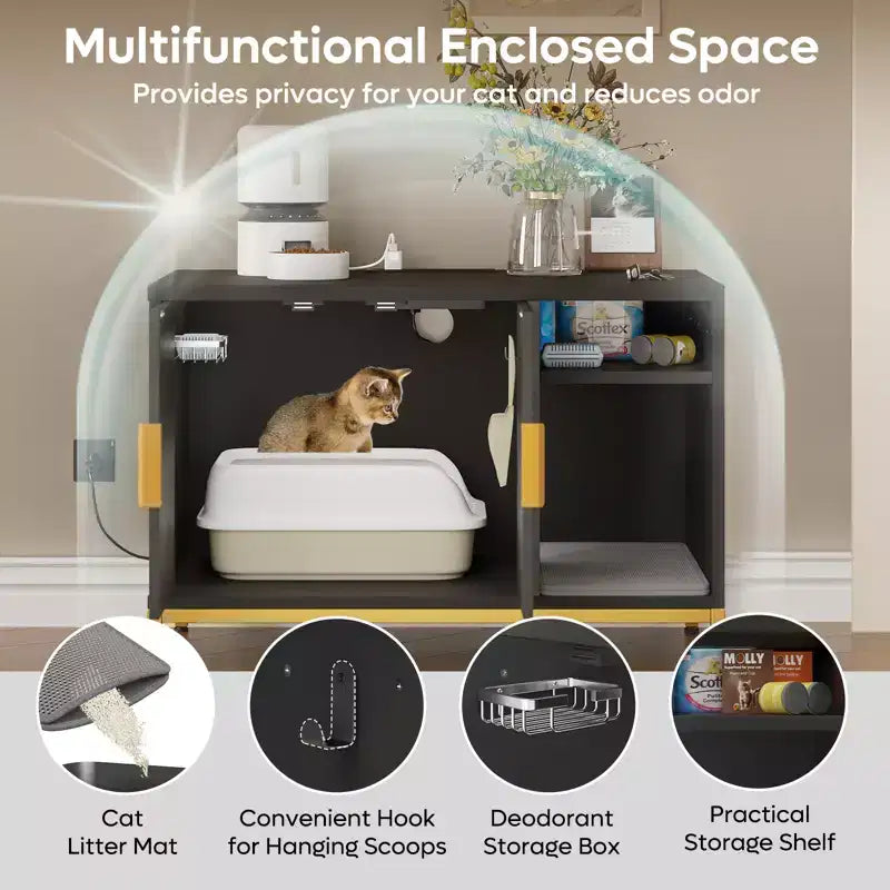 Meuble cache-litière pour chat avec station de recharge, tapis de litière et toilettes pour chat