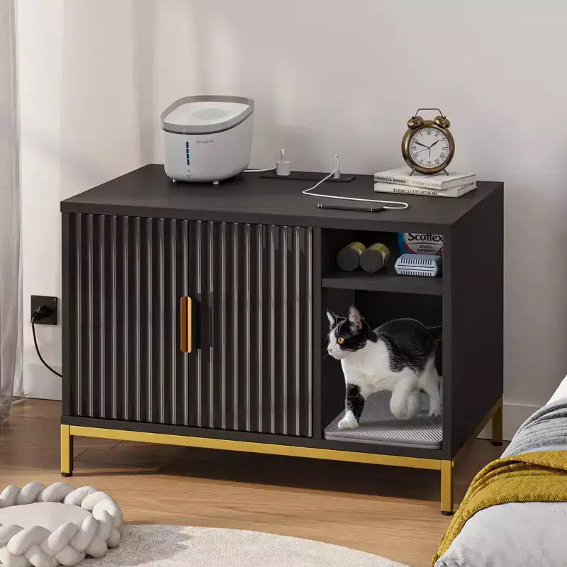 Meuble cache-litière pour chat avec station de recharge, tapis de litière et toilettes pour chat