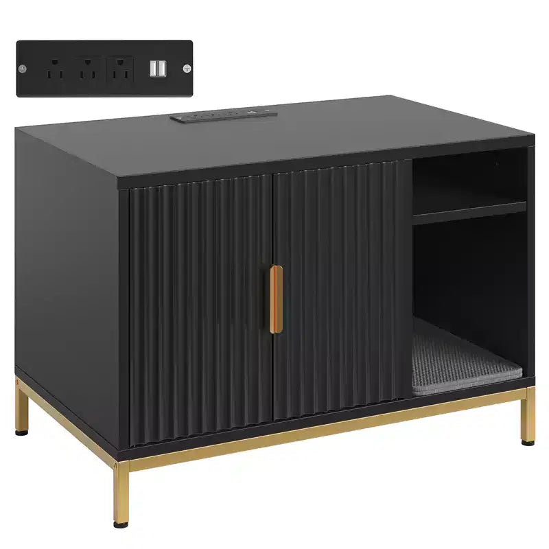 Meuble cache-litière pour chat avec station de recharge, tapis de litière et toilettes pour chat
