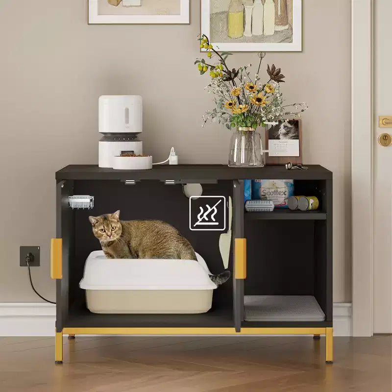 Meuble cache-litière pour chat avec station de recharge, tapis de litière et toilettes pour chat
