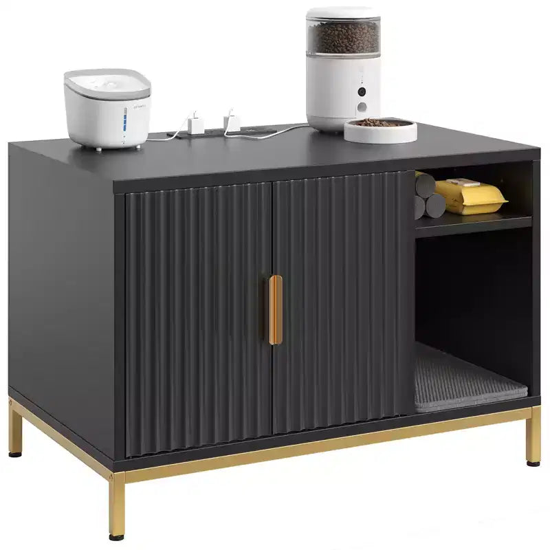 Meuble cache-litière pour chat avec station de recharge, tapis de litière et toilettes pour chat