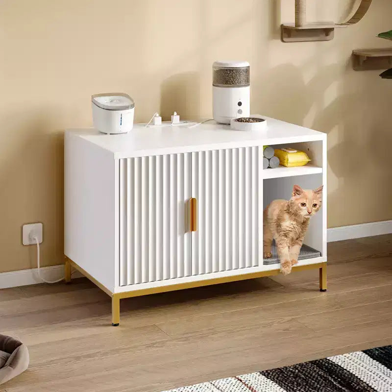 Meuble cache-litière pour chat avec station de recharge, tapis de litière et toilettes pour chat