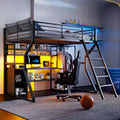 GDFStudio Susan Full Size Metal Loft Bed with Built-in Work Station, Open Wardrobe, LED and Charging Port