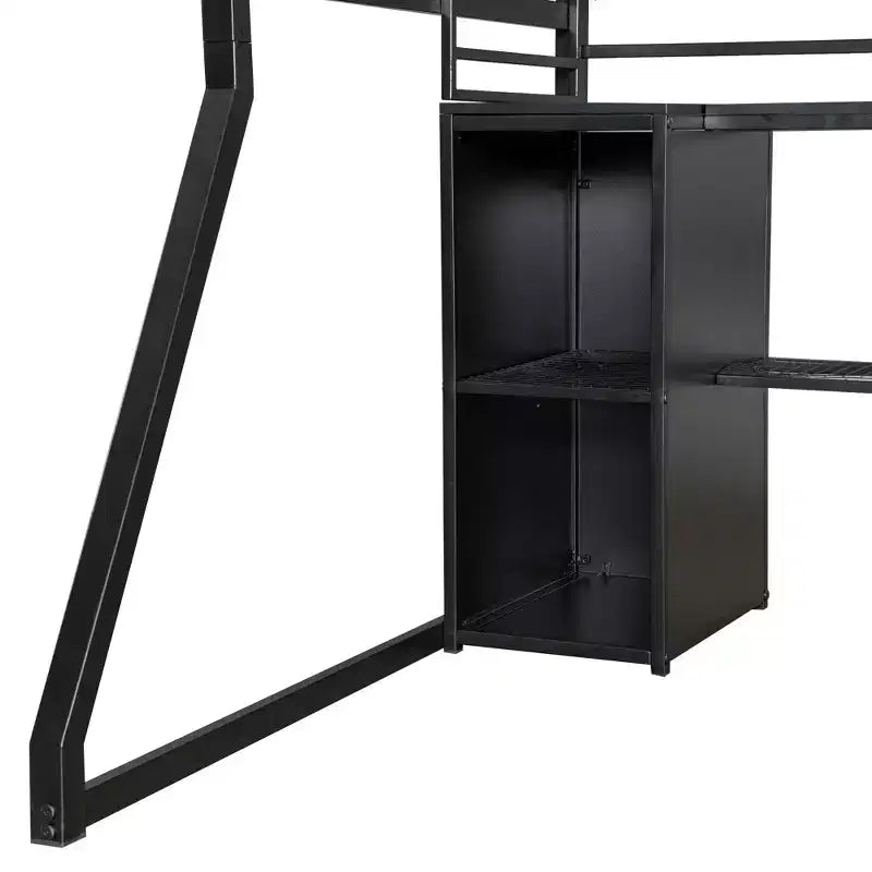 Lit mezzanine métallique pleine grandeur avec poste de travail intégré, armoire ouverte, LED et port de charge